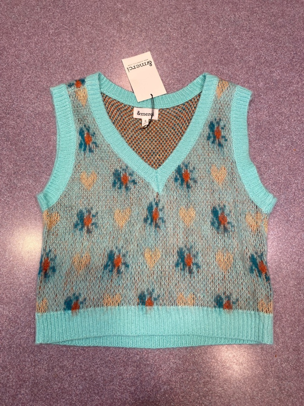 &Merci Mint Blue Floral Heart Knit Vest NWT